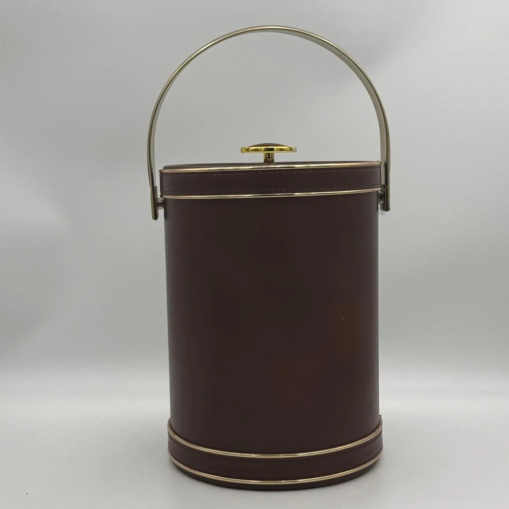 Vintage Barware Brown Faux Leather Ice Bucket Gold Trim Insulated with Lid